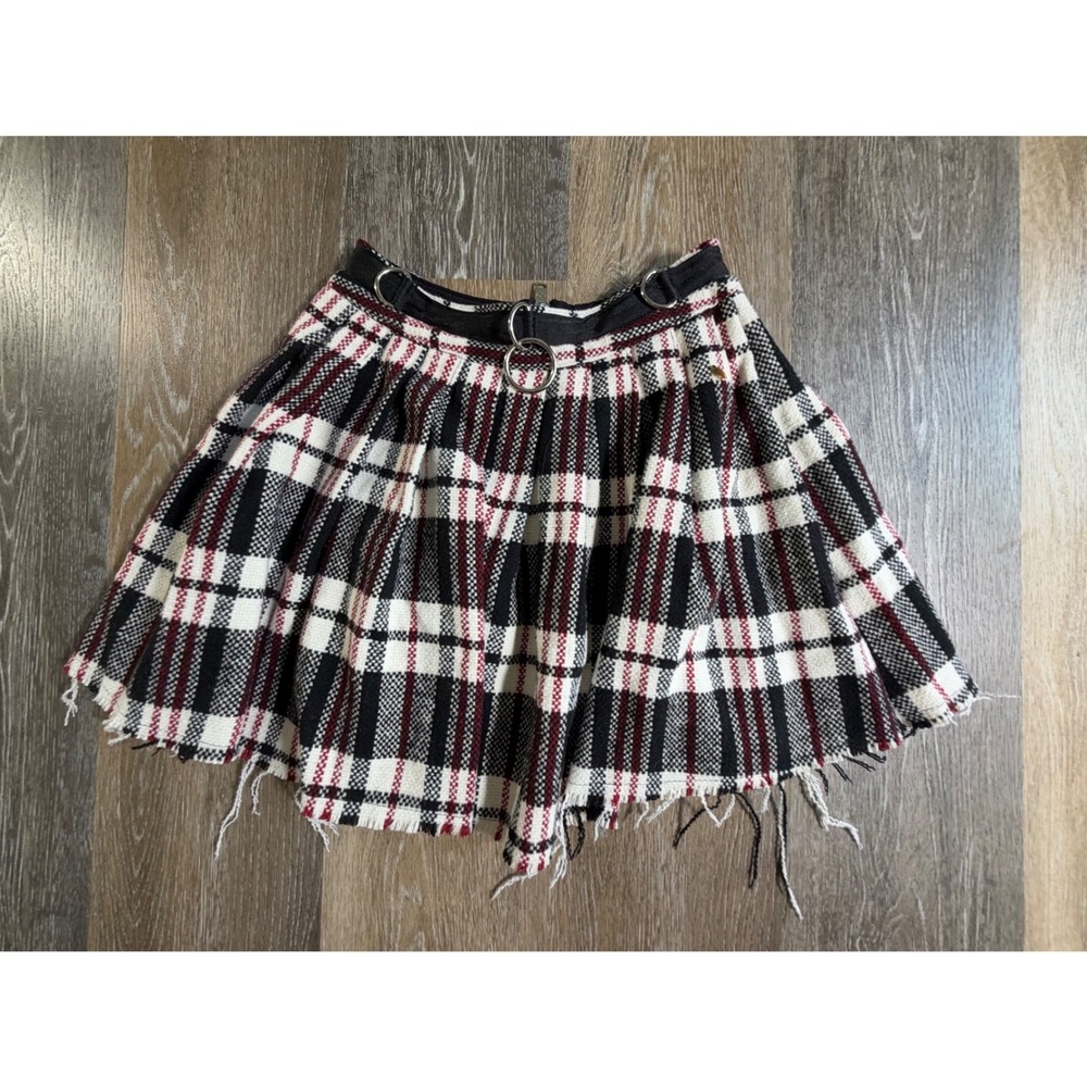 Current Mood Plaid Mini Skirt Womens XS Red Black White O-Ring Raw Hem Punk Alt